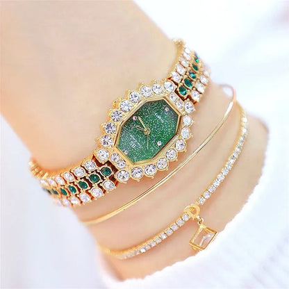 BS Brand Fashion Watches Women Ladies Diamonds Small Bracelet Watch Green Stone Gold Waterproof Montre Femme