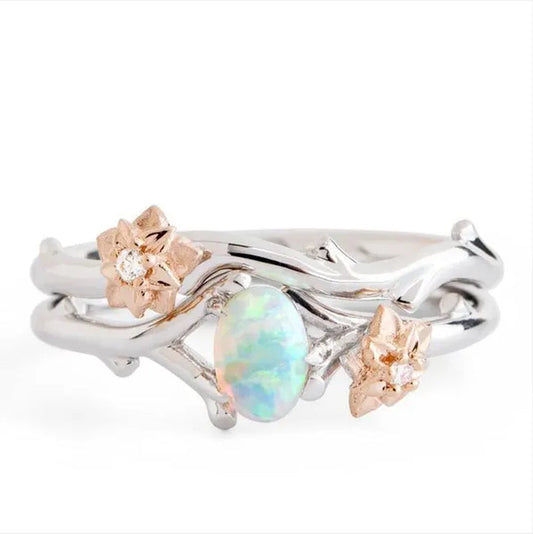 Exquisite Women's Fashion Two Tone Twig And Rose Gold Flowers Opal Ring Set Anniversary Gift Engagement Bridal Wedding Jewelry Rings Size 5-10