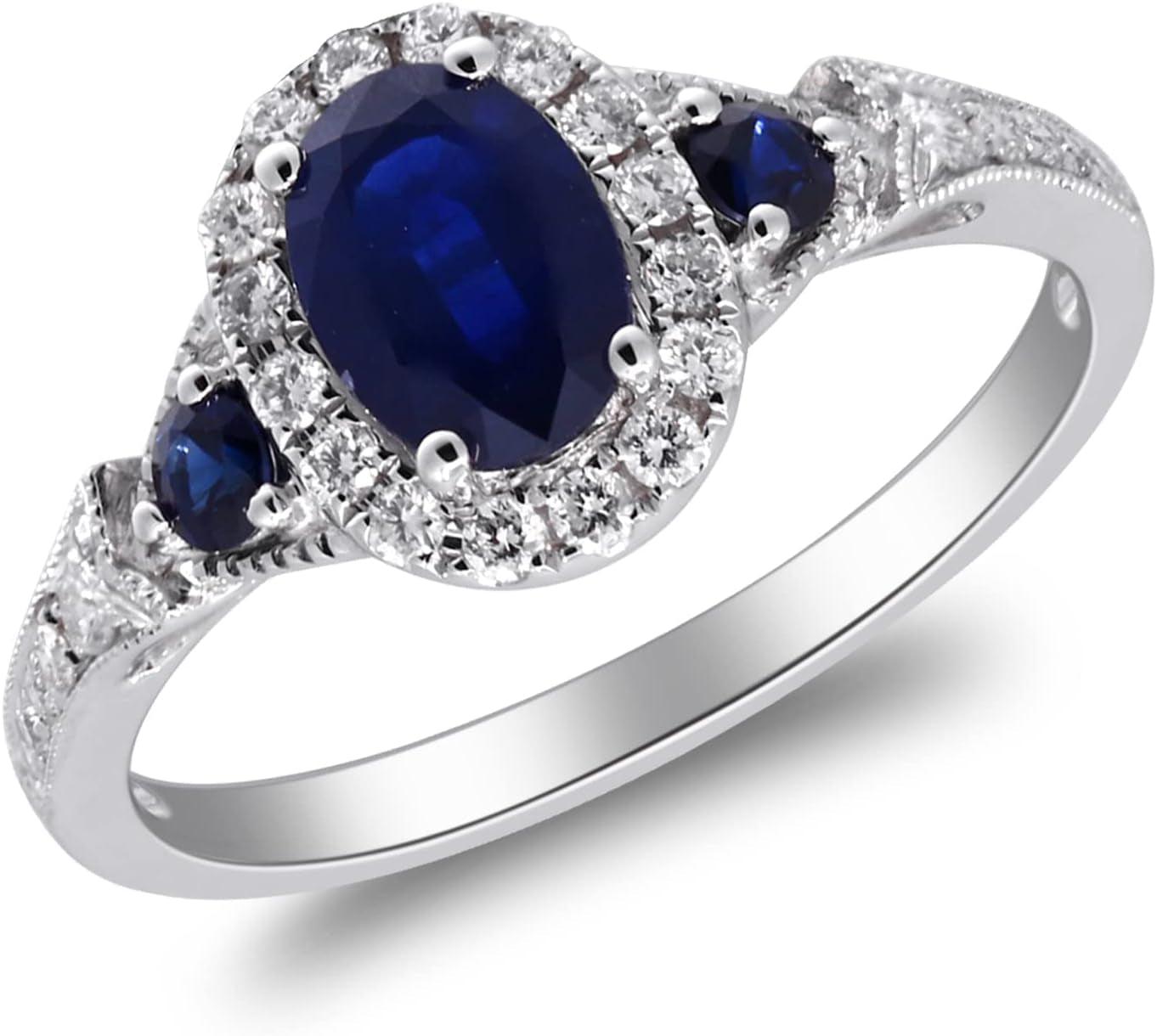 14K White Gold Genuine Blue Sapphire Ring with Diamonds for Women | Ethically, Authentically & Organically Sourced (Oval-Cut) Shaped Sapphire Hand-Crafted Jewelry for Her | Sapphire Ring for Women