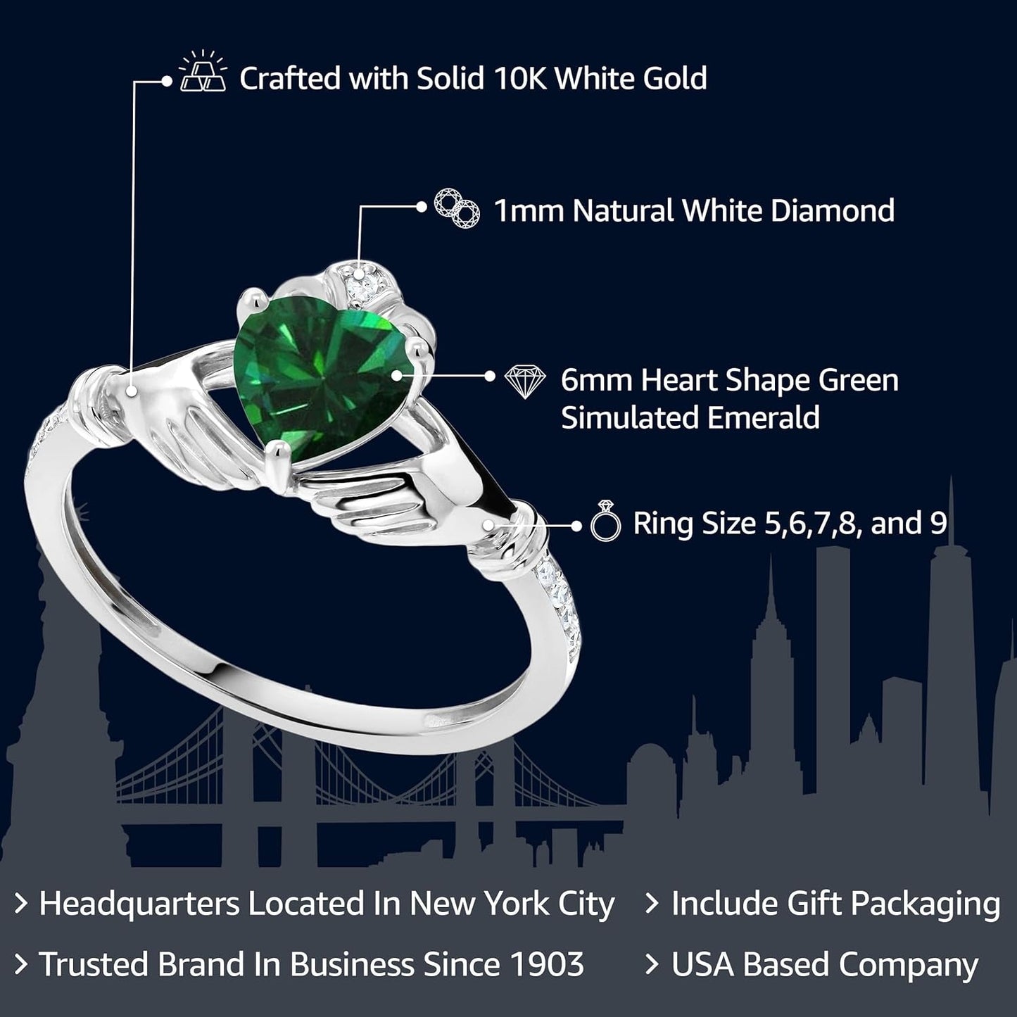 10K White Gold Green Simulated Emerald and White Diamond Irish Celtic Claddagh Ring (0.76 Cttw, Heart Shape 6MM, Available in Size 5, 6, 7, 8, 9)