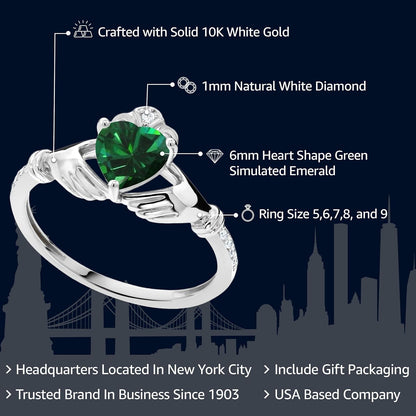 10K White Gold Green Simulated Emerald and White Diamond Irish Celtic Claddagh Ring (0.76 Cttw, Heart Shape 6MM, Available in Size 5, 6, 7, 8, 9)