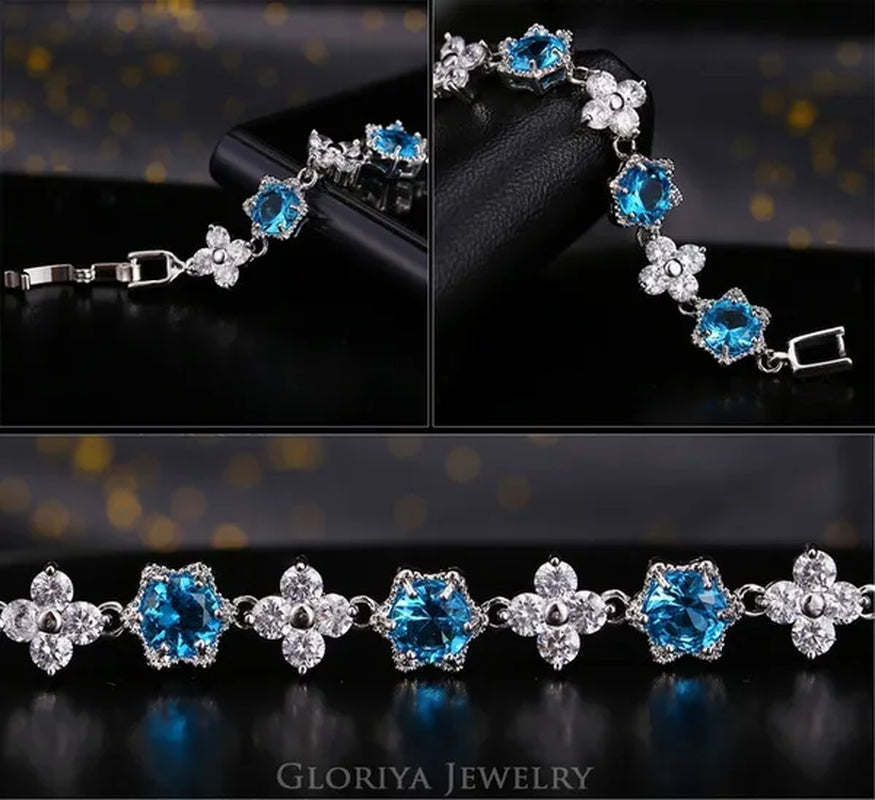 Gloriya Elegant Goddess Silver Plated Link Bracelet Cluster Flower Shape White and Blue AAA Grade Zircon Charm Tennis Bracelet for Women