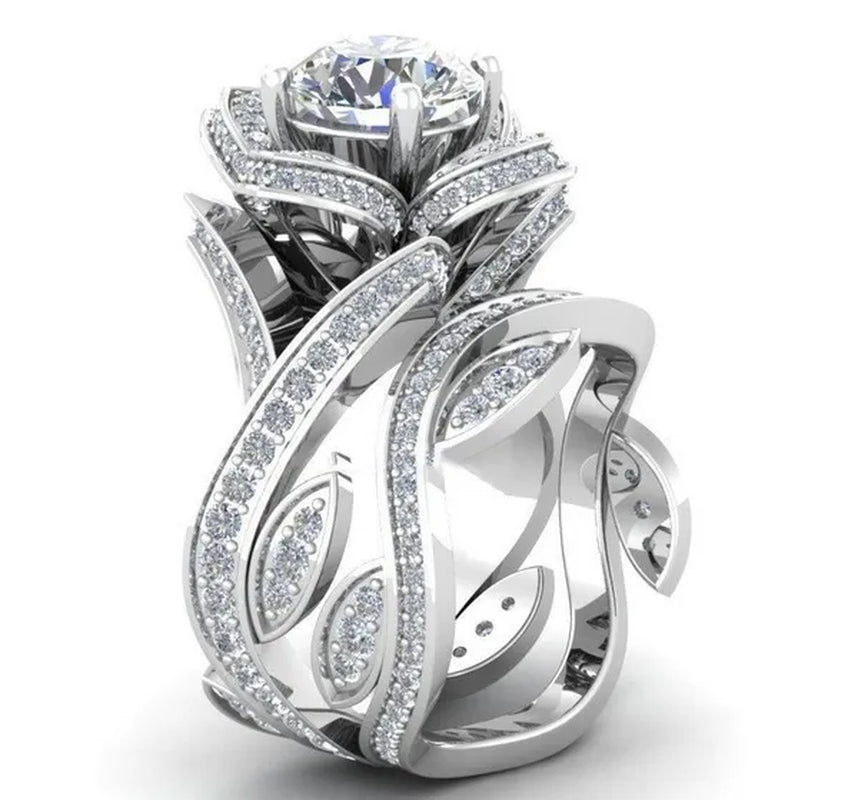 925 Sterling Silver Flower Leaf Round Cut Clear CZ Diamond 4.50CT Wedding Bridal Ring