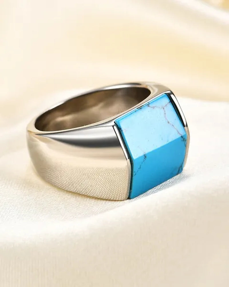 Vintage Men's Single Turquoise Ring Stainless Steel Personality Roof Shaped Gemstone Rings jewelry Gift for Business Elite Boyfriend Dad
