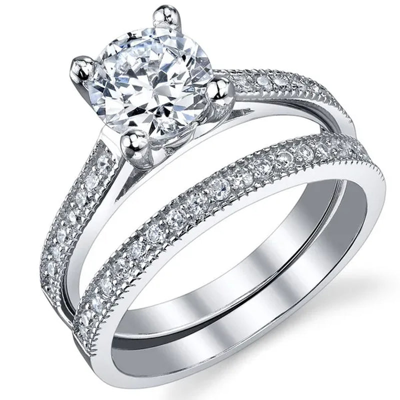 1.25 Carat Round Brilliant CZ Sterling Silver 925 Wedding Engagement Ring Band Set