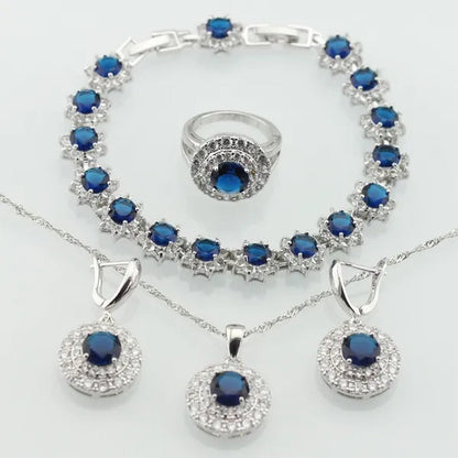 Blue White Topaz Silver Color Jewelry Sets for Women Engagement Necklace Pendant Bracelets Earrings Rings  Gift Box