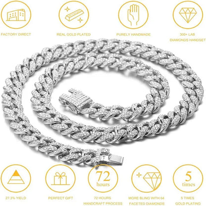 Women Mens Cuban Link Chain Gold Silver Bling Miami Cuban Necklace Diamond Chain for Men Iced-Out Hip Hop Jewelry