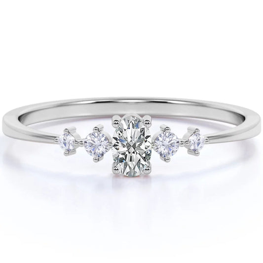 Oval Cut Moissanite and 4 Stone Diamond Fashion Dainty Ring in 10K White Gold