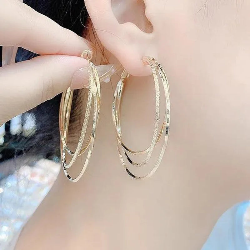 Exquisite Silver Plated Gold Color Three-Layer Circle Exaggerated Simple Earrings Romantic Valentine'S Day Gift Engagement Earrings Wedding Earrings Anniversary Hoop Earrings Women'S European and American Fashion Female Jewelry