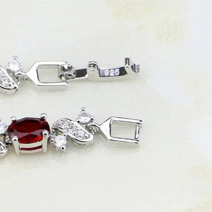 Trendy Oval Red Ruby white Topaz 925 Silver Bracelets Charm For Women