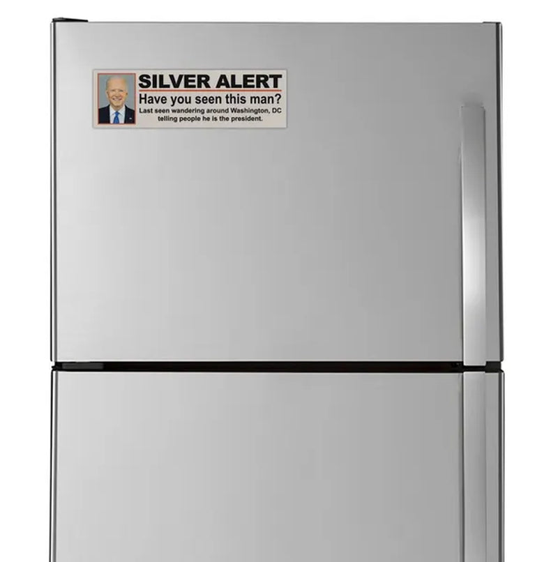 Funny Magnet, Joe Biden Silver Alert (Anti Joe Biden Anti-Democrat Magnet), Vote Donald Trump 2024, 10" X 3" Magnetic Bumper Sticker