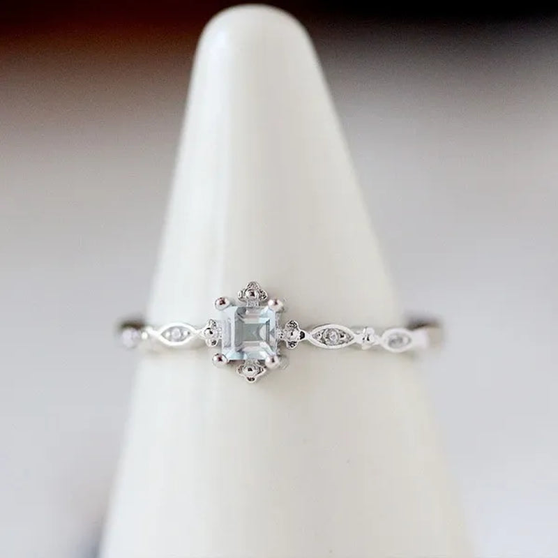 Women Cube Sea Blue Sapphire Fineness Rings Wedding Engagement Propose Ring Jewelry