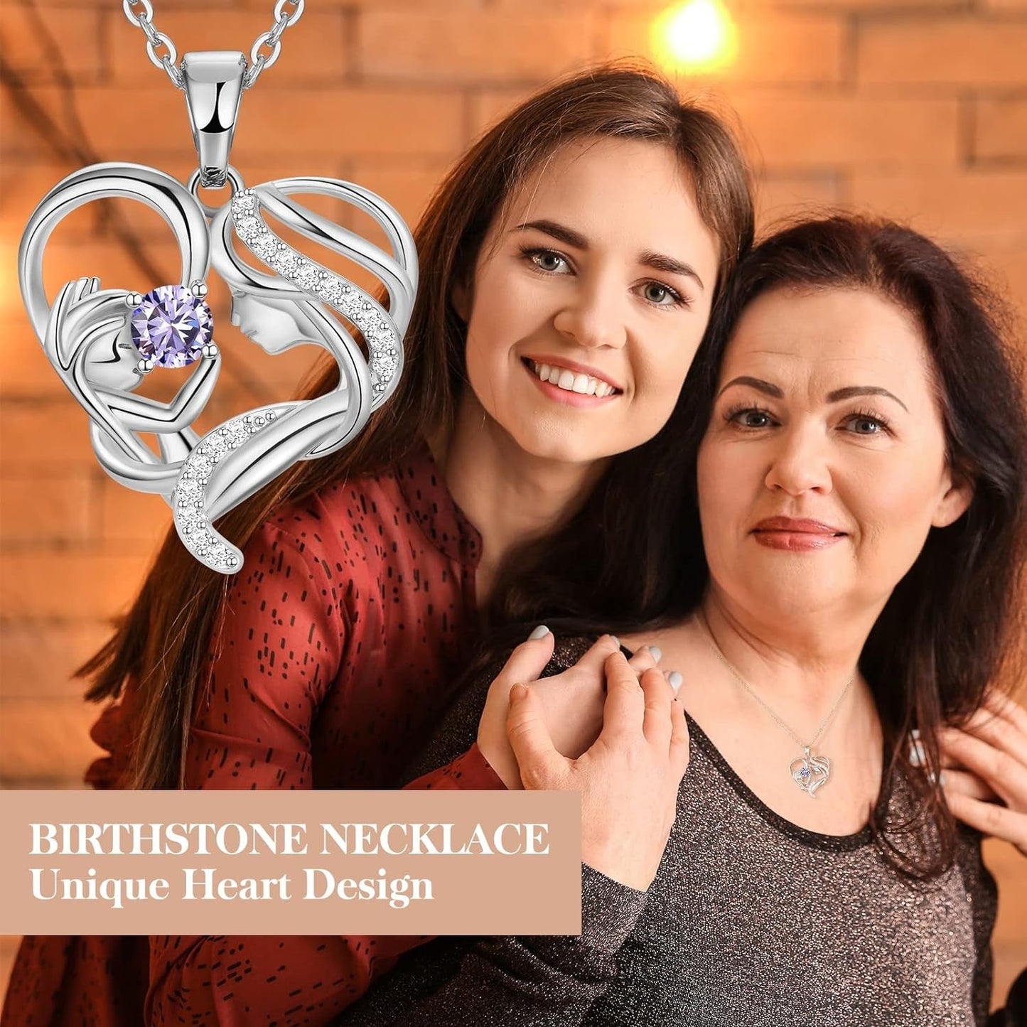 Mothers Day Gifts, Heart Pendant Necklace, Mother and Child Love Heart Pendant Necklace, 925 Sterling Silver Necklace with Birthstone, Mothers Day Valentines Anniversary Birthday Christmas Gifts for Her Women New Step Mom Women Wife Grandma