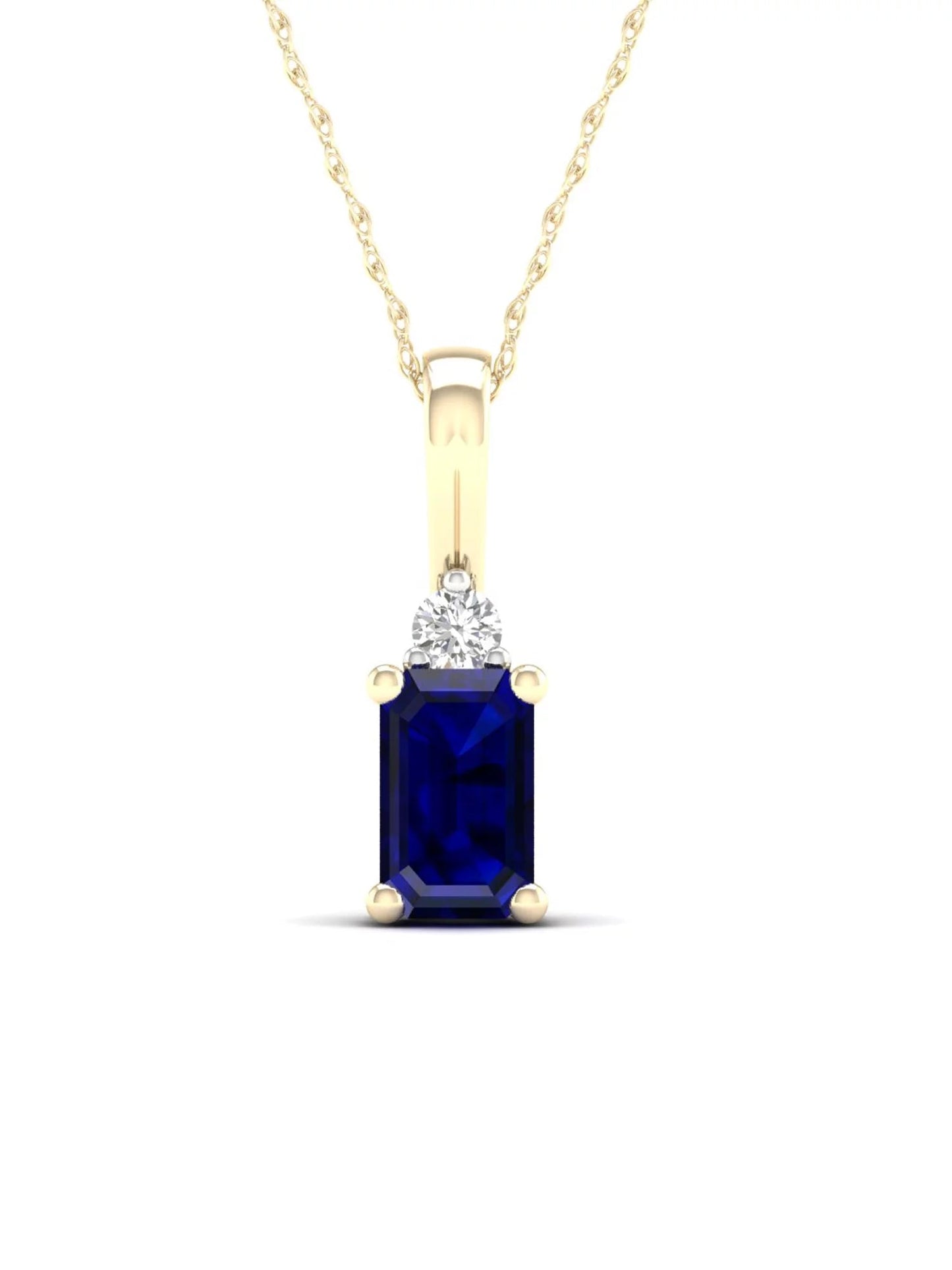 Gemstone 10K Yellow Gold Octagonal Cut Blue Sapphire and Diamond Pendant Necklace