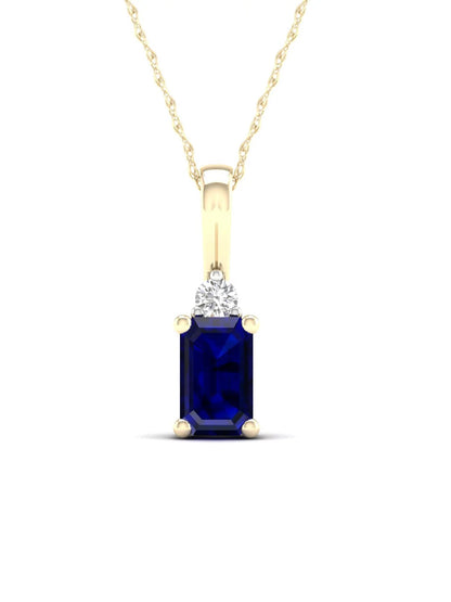 Gemstone 10K Yellow Gold Octagonal Cut Blue Sapphire and Diamond Pendant Necklace