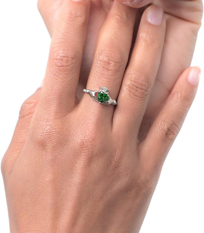 10K White Gold 6MM Heart Shape Gemstone Birthstone and White Diamond Irish Celtic Claddagh Engagement Ring | Gold Ring for Women | Available in Size 5, 6, 7, 8, 9