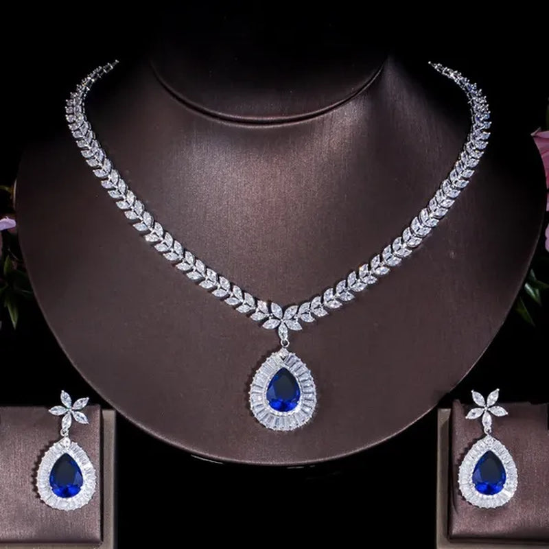 CANDICE Luxury Bridal Red CZ Stone Costume Jewelry Sets Pear Drop Red Zirconia Party Necklace Earrings Set for Women Wedding