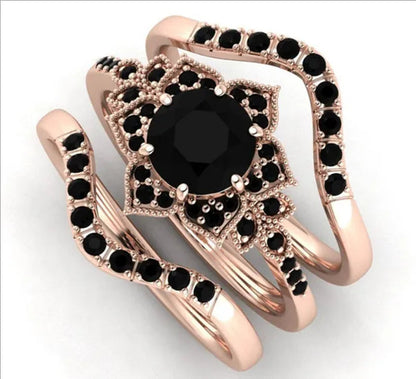 3pcs/set Pretty Women Black Zircon Ring Set Anniversary Gift Engagement Bridal Wedding Band Rings Jewelry Set Size 5-11