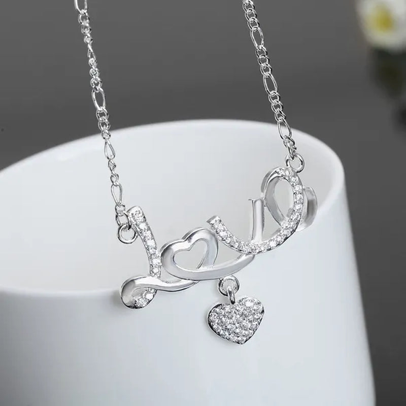Pretty Women's 925 Sterling Silver Heart Beautiful LOVE Pendant Diamonds Necklace(with Chain)