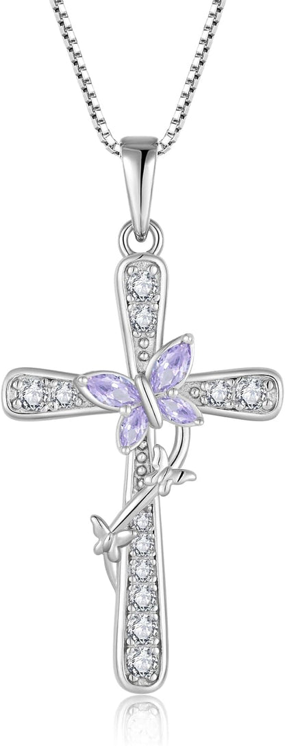 Women Butterfly Cross Necklace 925 Sterling Silver Crucifix Pendant Birthstones Jewelry Christmas Birthday Gift for Mom Wife Lover