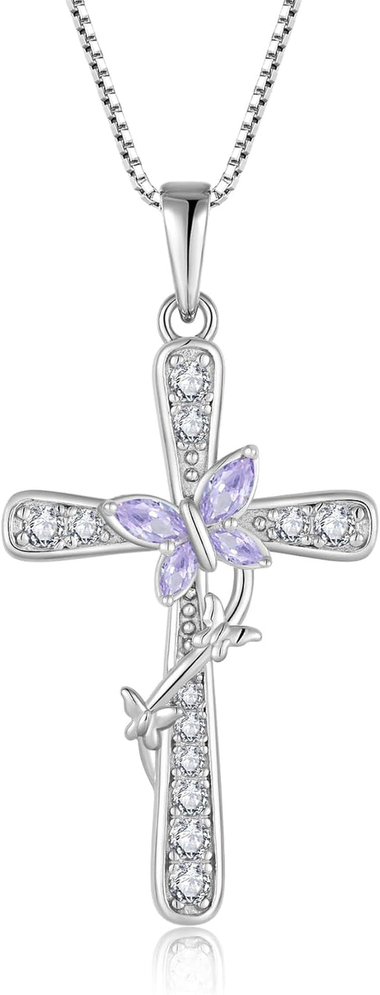 Women Butterfly Cross Necklace 925 Sterling Silver Crucifix Pendant Birthstones Jewelry Christmas Birthday Gift for Mom Wife Lover