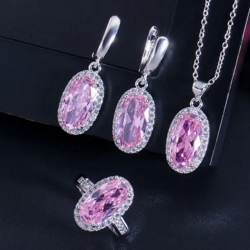 Gloriya Brand 925 Sterling Silver Bright Oval Yellow Topaz Crystal with White CZ Pendant Necklace Earrings and Ring Set for Women Gorgeous Cocktail Party Jewelry Sets