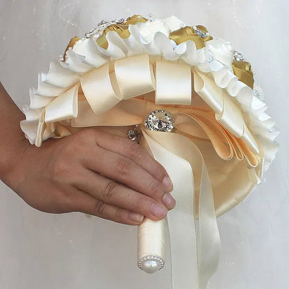 Bride Wedding Bouquet Ivory Gold Rose Flower Crystal Brooch Bouquet Flowers Diameter 18CM