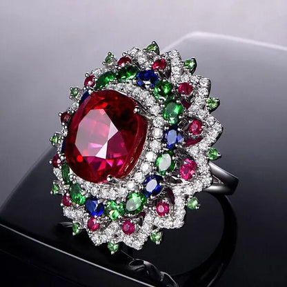Luxurious  Silver Natural Gemstones Ruby And Emerald and Sapphire White Sapphire Wedding Birthstone Bride Engagement Flower Ring Jewelry Size 6 7 8 9 10