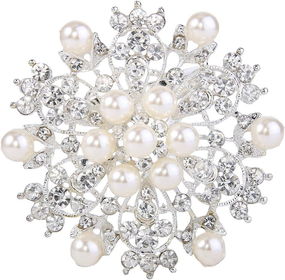 Women'S Wedding Corsage Clear Crystal Simulated Pearl Elegant Flower Leaf Brooch for Women, Bride