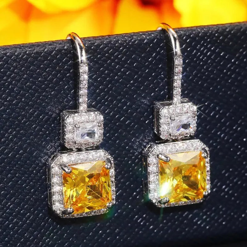 Bridal Wedding Hanging Earrings for Women Square Cut Citrine Gemstone Drop Earrings Lover Anniversary Gift