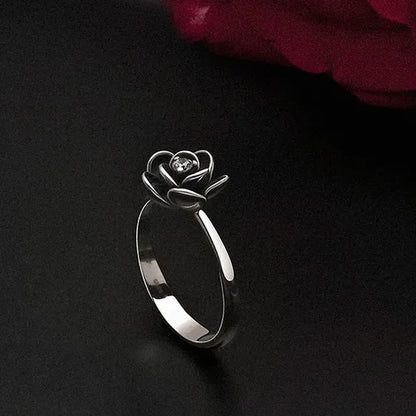 Simple Ladies Antique Silver Black Rose Flower Floral Ring for Women Female Wedding Engagement Party Jewelry Christmas Gift