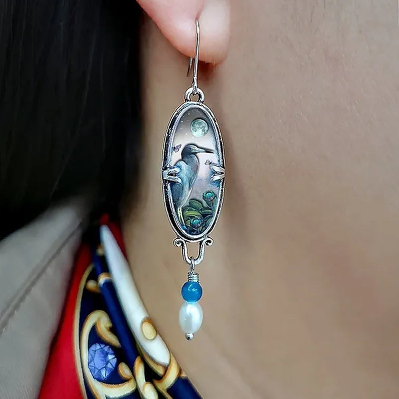 1 Pair Antique 925 Sterling Silver Pendant Earrings Natural Gemstone Inlay Dangle Earrings Bridal Engagement Wedding Anniversary Gift Bohemian Style Earrings