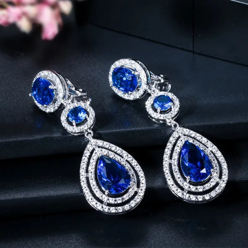 CANDICE Red Pear Cut Crystal Long Dangle Earrings without Piercing Women CZ Non Hole Clip on Ear Jewelry Bridal Accessories