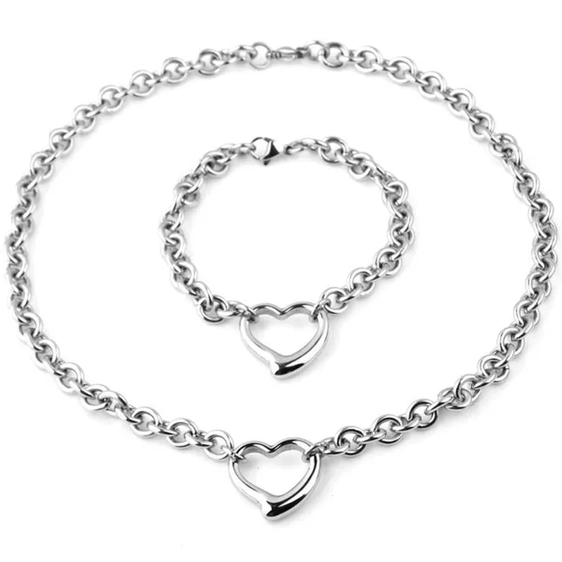 Charming Bracelet Necklace Set Silver Stainless Steel Oval Chain Womens Solid Heart Pendant Bracelet Accessories