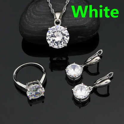 White Topaz 925 Sterling Silver Jewelry Ring Pendant Chain Earrings Set Classic Wedding Jewelry for Women Bride 3pcs