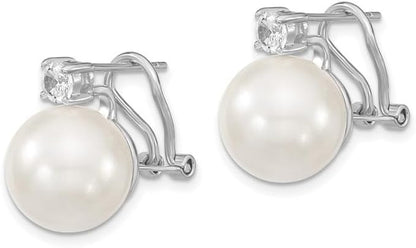 925 Sterling Silver White Imitation Shell Pearl Cubic Zirconia Omega Back Earrings Fine Jewelry for Women Gifts for Her (12-13Mm)