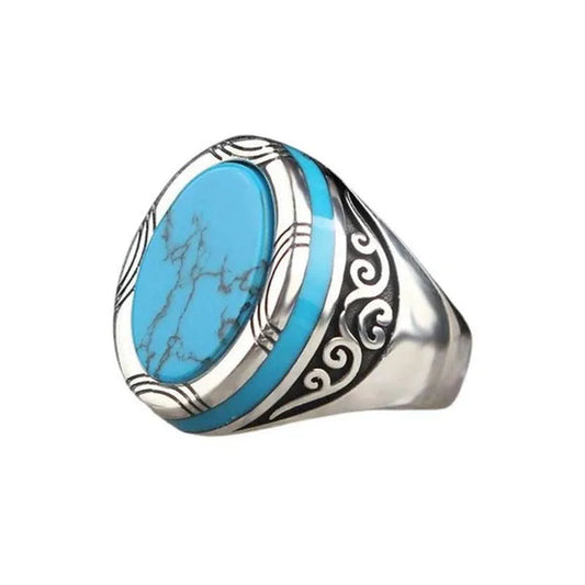 Luxury Business Men Fashion 925 Sterling Silver Ring Natural Gem Turquoise Ring Anniversary Birthday Gift European and American Gentleman Party Ring High-Grade Jewelry