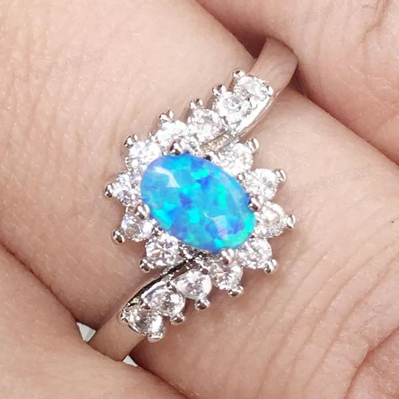 Exquisite Silver Natural Sapphire Gemstones Opal Birthstone Bride Princess Wedding Engagement Strange Ring Size 6 7 8 9 10