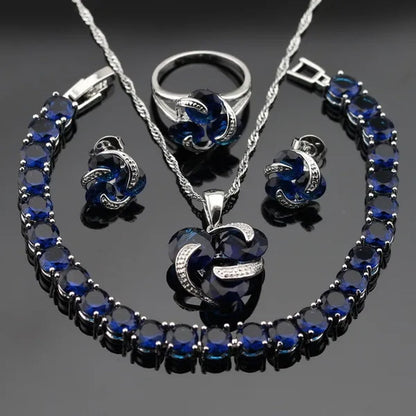 Delightful 925 Sliver Jewelry Sets Blue Zircon  Necklace Pendant Earring Ring Bracelet For Women  Dating Gift