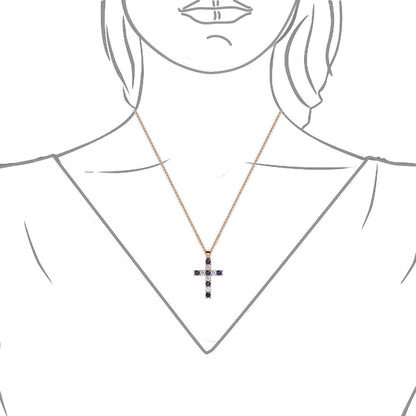 Petite Blue Sapphire & Natural Diamond (SI2-I1,G-H) Cross Pendant 0.34 Ctw 14K Gold. Included 16 Inches 14K Gold Chain.