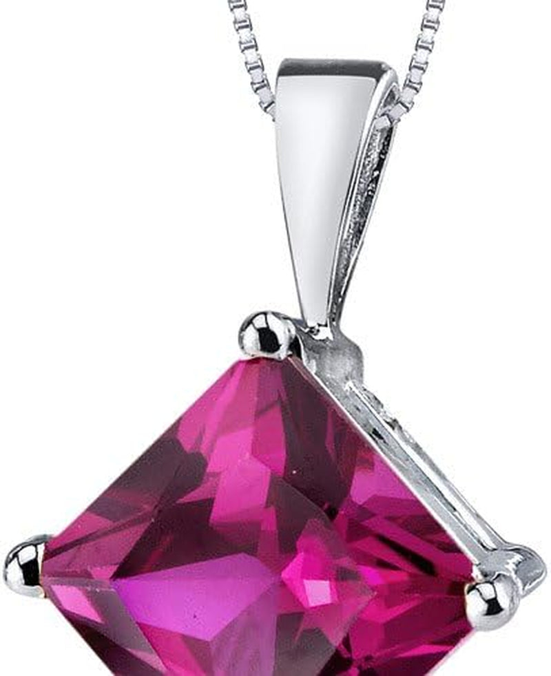 Created Ruby Pendant in 14 Karat White Gold, Classic Solitaire, Princess Cut, 8Mm, 3 Carats Total