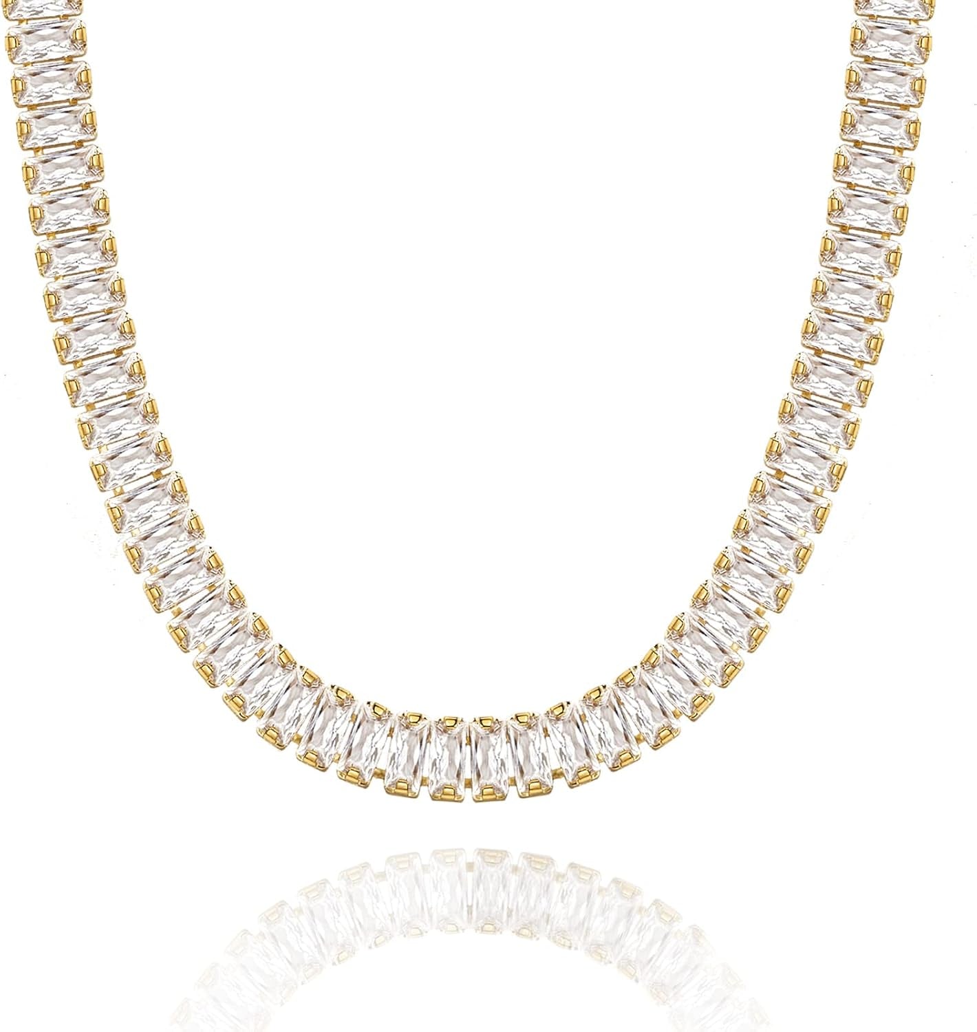 Diamond Tennis Necklace for Women, 14K/White Gold Plated Cubic Zirconia Baguette Tennis Chain Chunky Paperclip Link Cuban Choker Necklace Dainty Jewelry Gifts
