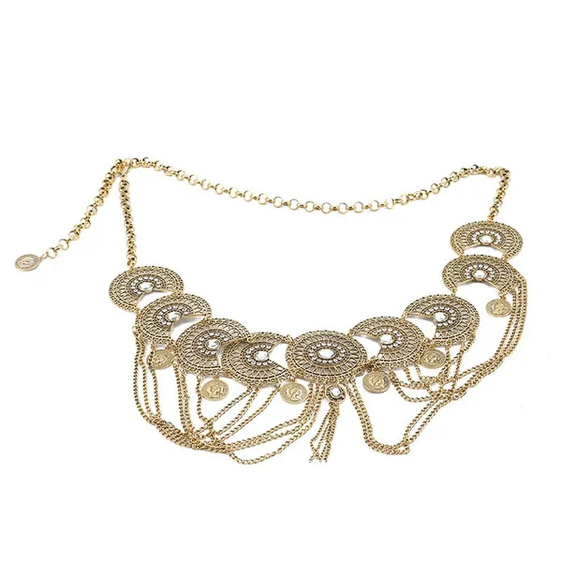 Women Belly Dance Belt Waist Metal Crystal Coin Tassel Body Chain Jewelry