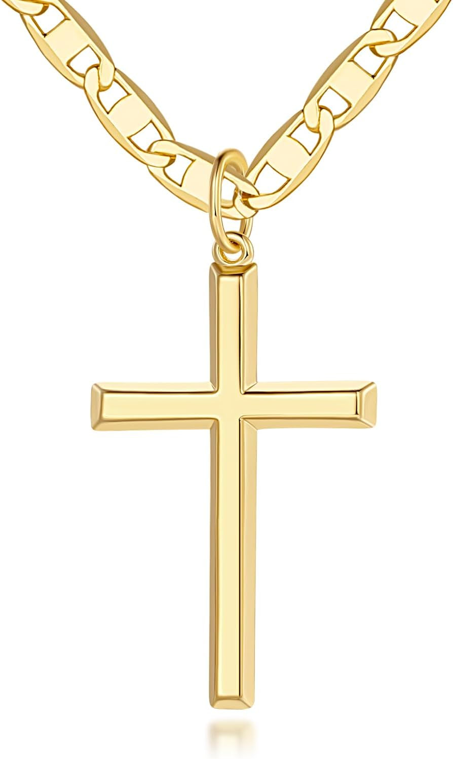 14K Gold Cross Necklace for Women Gold Cross Pendant Figaro Chain Mariner Masculine Appeal 19 INCH