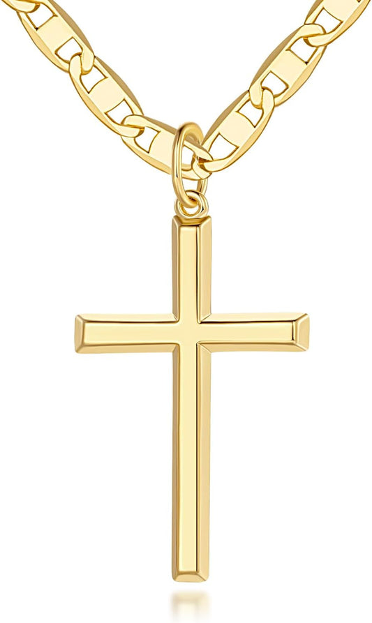 14K Gold Cross Necklace for Women Gold Cross Pendant Figaro Chain Mariner Masculine Appeal 19 INCH