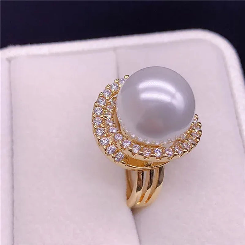 925 Sterling Silver 18K Gold with Diamonds Natural South Sea Gold Pearl Pearl Powder Ring Pearl Ring Finger Ring for Mother