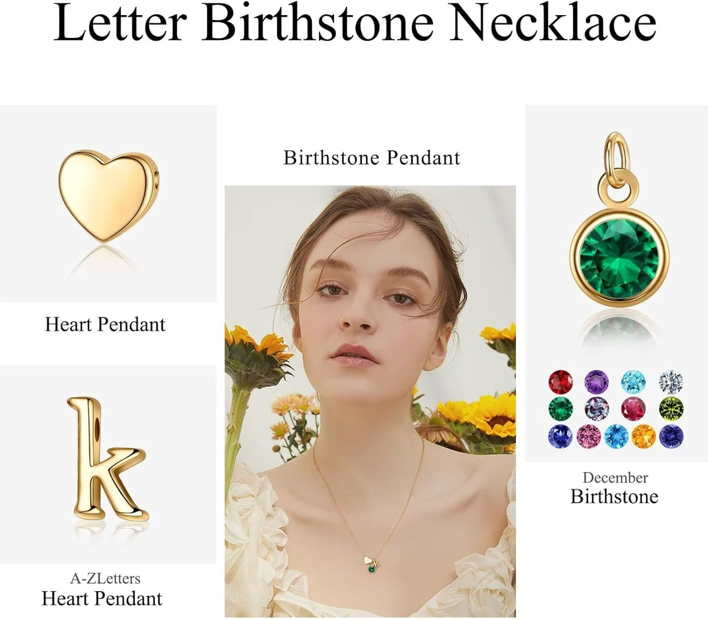 Initial Birthstone Necklace for Girls Women, 14K Gold Plated Heart Initial Necklace Birthstone Necklace Heart Initial Birthstone Pendant Necklace Birthstone Necklace Jewelry Gifts for Teens Girls