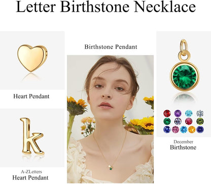 Initial Birthstone Necklace for Girls Women, 14K Gold Plated Heart Initial Necklace Birthstone Necklace Heart Initial Birthstone Pendant Necklace Birthstone Necklace Jewelry Gifts for Teens Girls