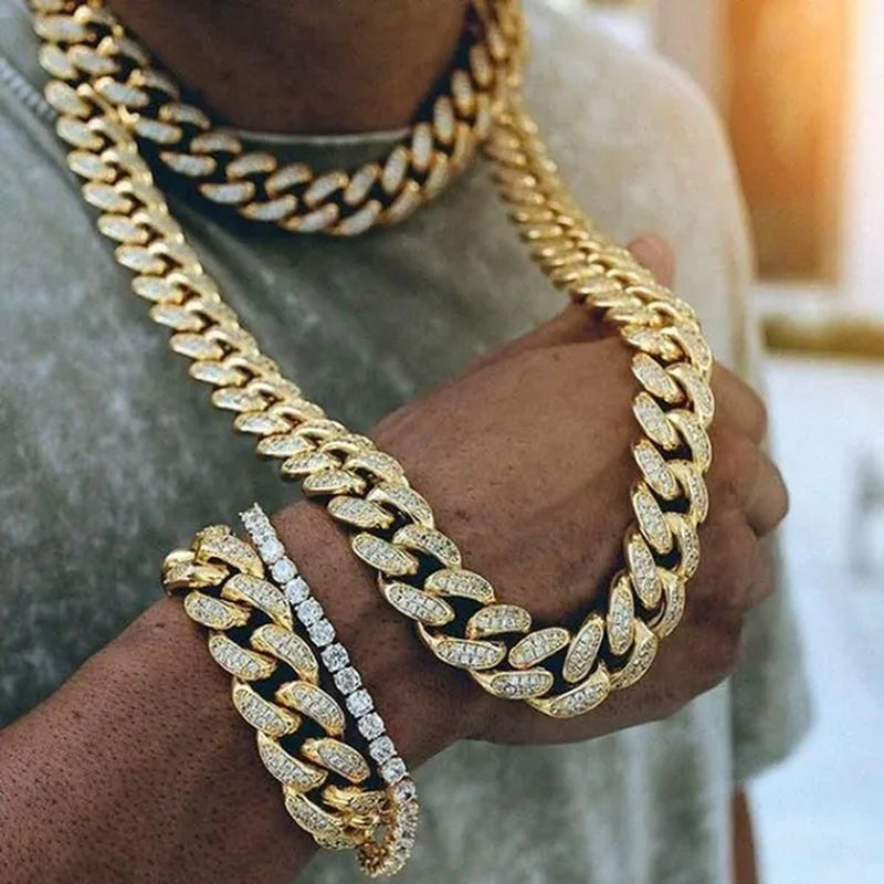 Cuban Link Chain Gold Silver Plated Bling Miami Cuban Necklace Diamond Chain for Fashion Men Iced Out Hip Hop Jewelry 1Pcs