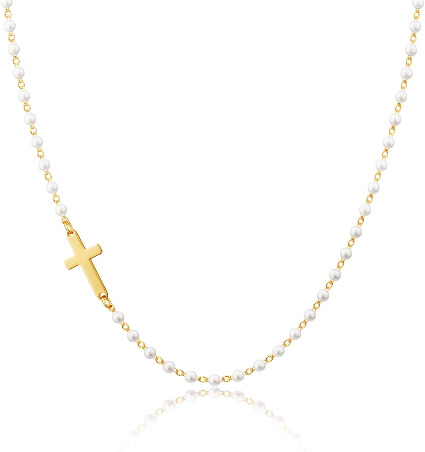 14K Gold Plated Cross Necklace for Women, Gold Pearl Necklace with Cross Pendant Dainty Cross Choker Necklace Trendy Faith Jewelry Religious Gifts